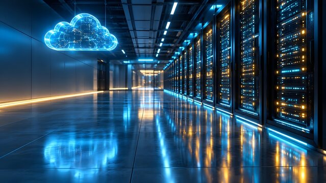 Glowing blue digital cloud icon floating in a modern server room corridor, representing cloud computing infrastructure and enterprise data storage