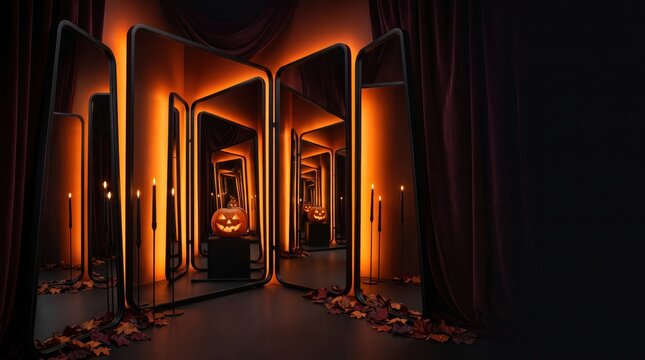 Infinity mirror effect with halloween pumpkin and candles