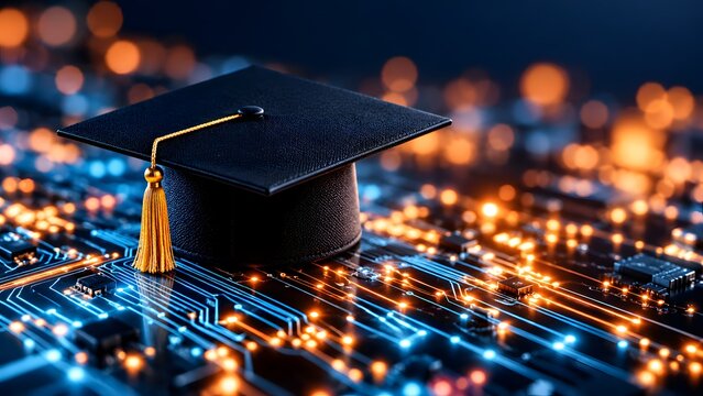 Black graduation cap with gold tassel resting on a glowing blue and orange circuit board, representing educational technology and computer science degree