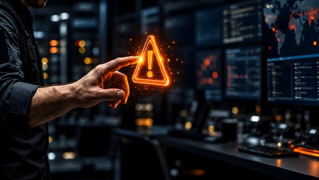 Security analyst touching a glowing orange warning triangle hologram in a dark monitoring control room, representing threat detection and incident response