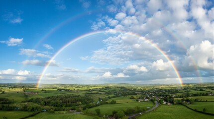 Obraz premium Vibrant rainbow arcs gracefully over lush green fields. Crisp blue sky hosts fluffy white clouds above. Rolling countryside stretches beneath the colorful spectacle