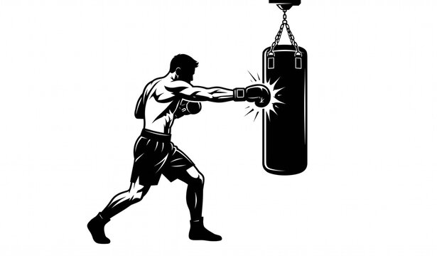 Professional Boxer Punching Heavy Bag Black Silhouette Vector Illustration