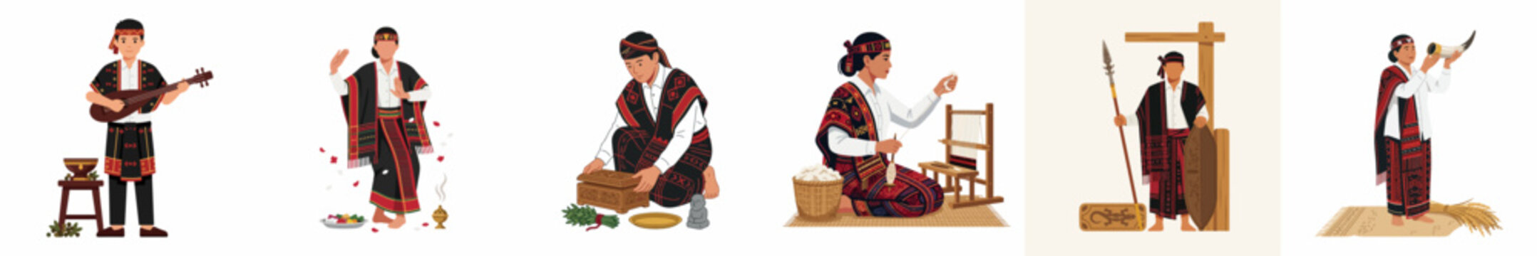 Collection of vector illustrations depicting traditional Filipino Igorot people engaged in cultural activities such as music, weaving, dance, and hunting on a white background.