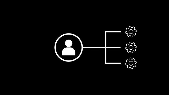 User Management and Task Automation Concept Animation Featuring User Profile Icon Connected to Spinning Gear Icons on user Black Background for Business Strategy, Workflow, and Digital Process