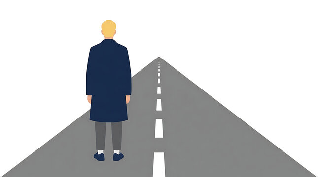 Back View Of Blonde Man In Blue Coat Standing Looking At Long Perspective Road Isolated On White