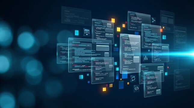 Complex software development environment with floating code windows and API integration icons representing cloud computing and modern application programming interface architecture