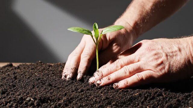 Hands carefully plant a small green seedling into rich, dark soil, gently firming the earth around its roots to secure it for growth and life.
