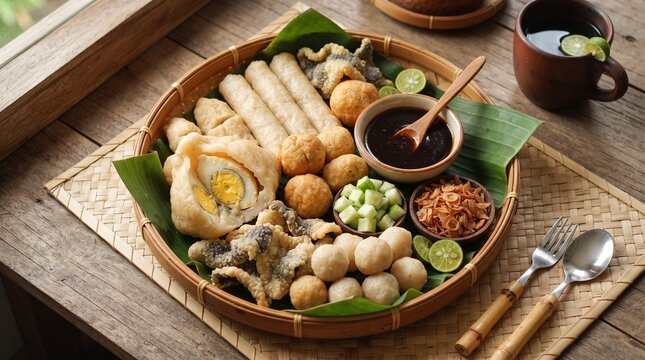 Indonesian Pempek Assortment with Kapal Selam, Lenjer, Adaan and Crispy Fish Skin Served with Cuko
