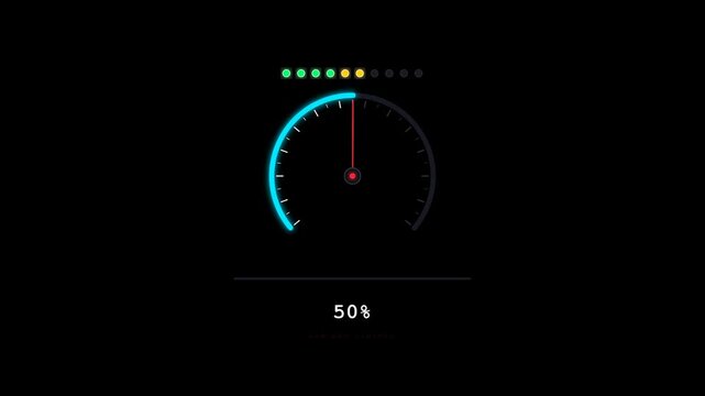 A futuristic digital gauge with a blue progress bar and red needle steadily increases from 11% to 79% against a black background, indicating a system loading or download process.