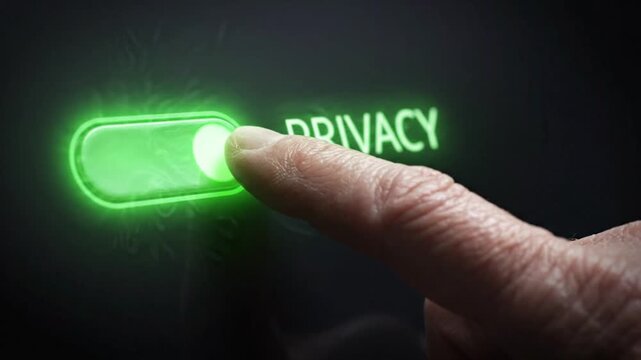 A finger slides a privacy button on a dark interface. The toggle transitions from a grey off state to a bright glowing green on state, signifying active data protection and digital security.