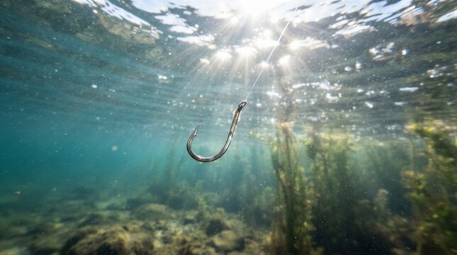 Sunlight pierces clear water, casting shimmering rays. Fishing hook hangs suspended, untouched, in tranquil blue. Plants sway gently below, rooted in soft, rocky seabed