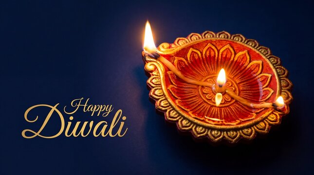 Beautiful traditional clay oil lamps glowing for the hindu festival of lights diwali celebration on dark background