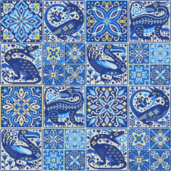 Pixel Art Floral Mosaic Mediterranean Tile Seamless Pattern © marinavorona
