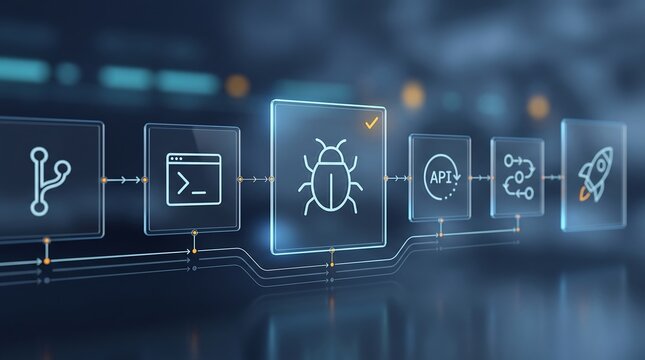 Software bug fixing and automated testing development pipeline with terminal and api integration symbols for rapid release cycles and high quality code deployment environments