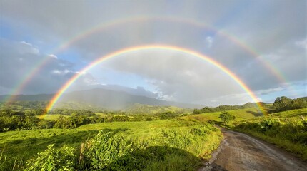 Obraz premium Double rainbow arcs gracefully over lush green hills. Dirt path winds through vibrant grass under soft light. Mountains rise quietly behind the earthy landscape