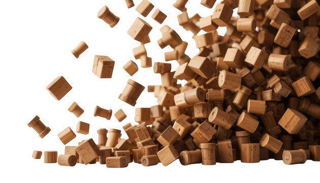 Wooden blocks and cylinders floating and falling with pile various wooden on transparent background