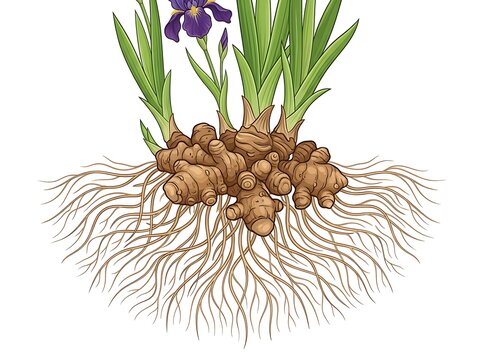 Iris plant with tuberous roots system illustration