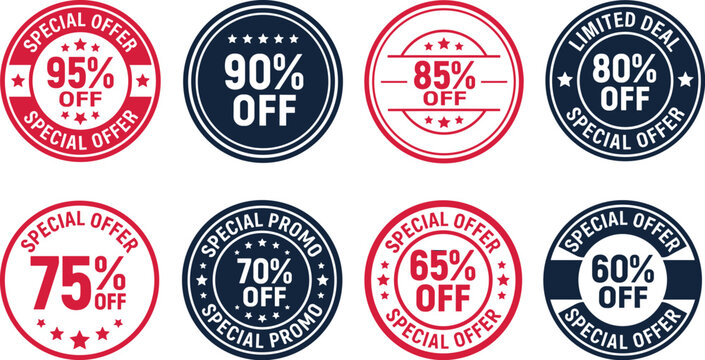 Set Of Round Discount Badges From Sixty To Ninety Five Percent Off Isolated On White Background
