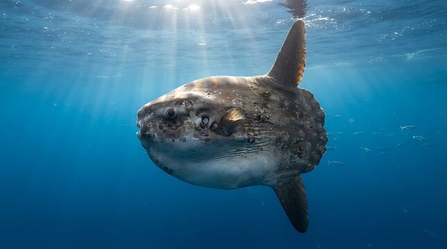 A majestic ocean sunfish, also known as Mola mola, gracefully swims through the clear blue waters, illuminated by sun rays from above.