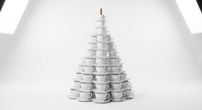 Stacked white coffee cups arranged in pyramid shape on a plain background