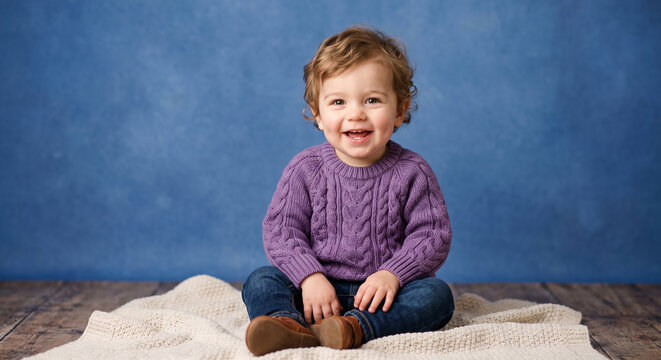 Smiling toddler in purple sweater sitting on blanket against blue backdrop