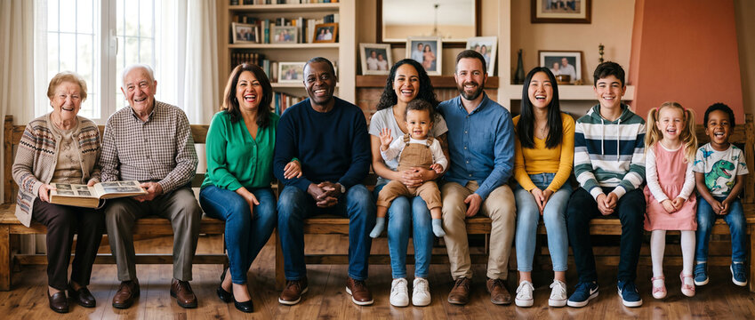 Multigenerational family group seated together in warm welcoming living room interior