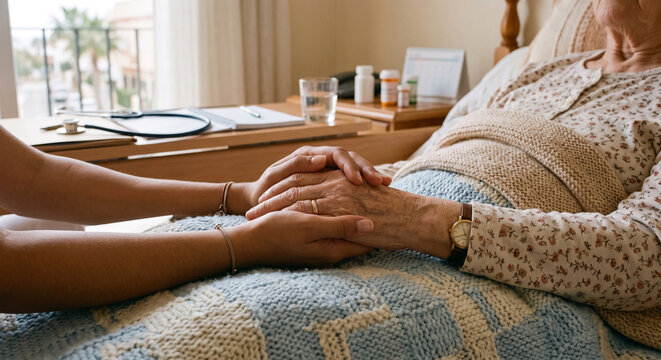 Elderly woman receiving comforting hand care while resting in bedroom with caregiver