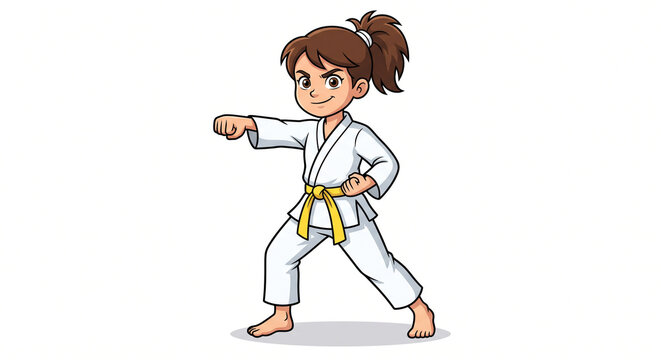 Cartoon girl in white martial arts uniform demonstrating a karate stance on white background