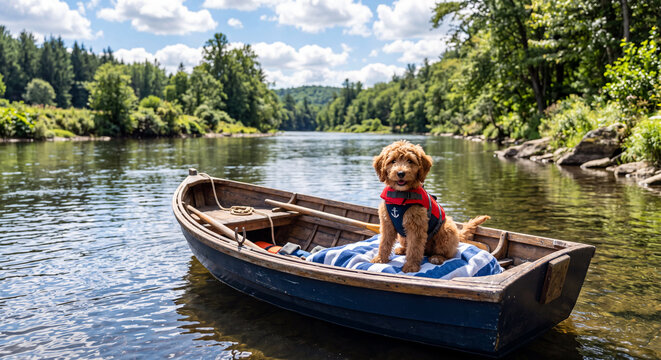 Small Dog Wearing Life Jacket Sitting in Wooden Boat on Scenic Forest Lake