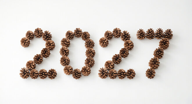 Pinecone number 2027 arranged on white background for seasonal winter design
