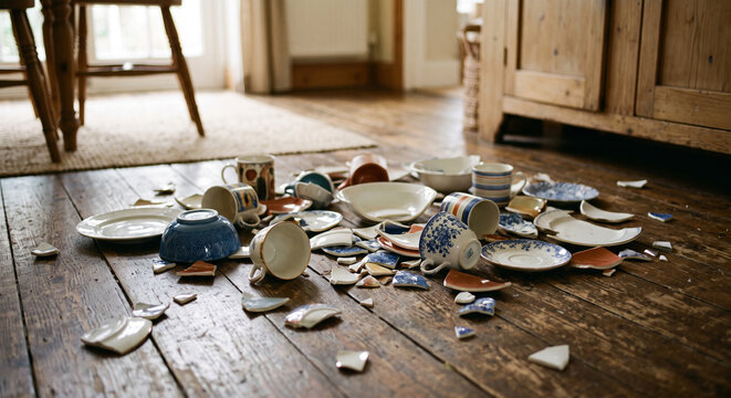 Broken ceramic dishes and scattered tableware across rustic wooden floor indoors