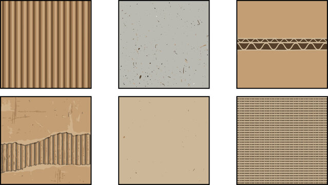 Corrugated Cardboard Texture Vector Set with Kraft Paper Backgrounds Ripped Edges Fibers and Fluted Packaging Patterns for Eco Friendly Graphic Designs