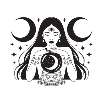 Mystic woman gazing into crystal ball black and white silhouette