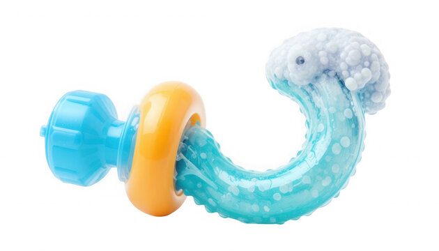Blue and yellow plastic baby teether toy isolated with blue textured on transparent background