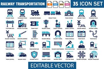 Railway transportation set featuring trains, tracks, stations, signals, maintenance tools, and logistics symbols in a two tone blue style for transit and travel themes © Sabbir Art Express