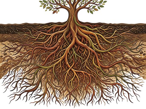 Tree roots system underground with soil