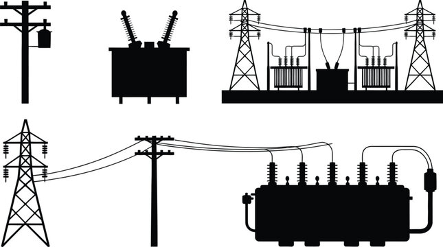 Collection of black silhouettes featuring electrical utility poles, voltage transmission towers, and large power transformers isolated on a white background
