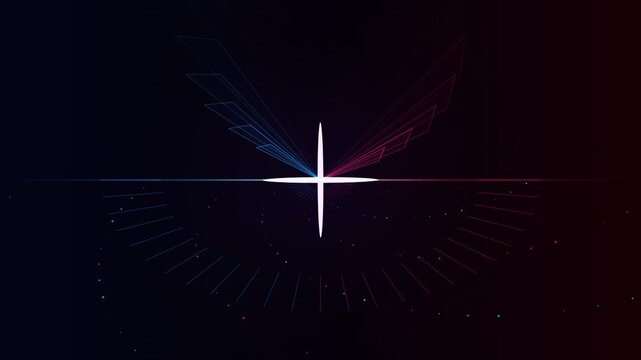Futuristic neon equalizer visualizer loop with glowing central star and colorful abstract wings