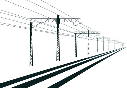 Perspective view of a series of metal railway overhead line structures and power cables stretching into the distance above dark parallel train tracks in silhouette
