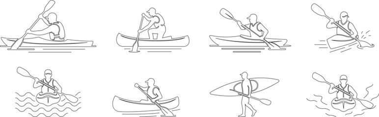 Canoe kayak kayaking paddle rower water sport icon set collection in black flat and line style editable outdoor activity elements group isolated on transparent background vector symbol © Asia