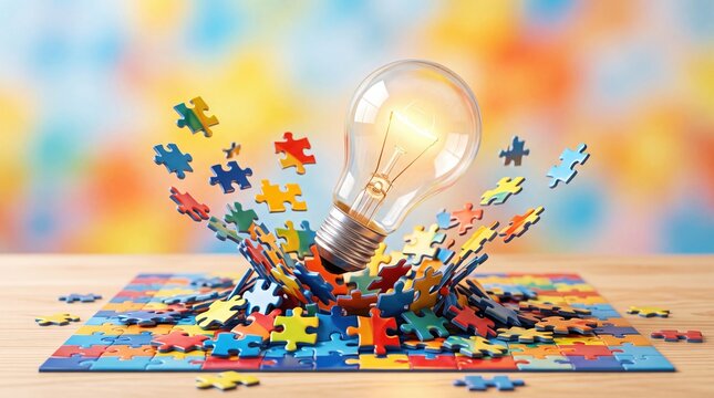 Innovative idea emerges from colorful puzzle pieces surrounding glowing light bulb