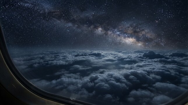 Night sky glows above cloud sea through plane window. Stars and Milky Way stretch wide, bright and endless. Passenger views vast universe from high altitude