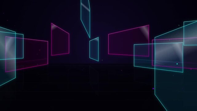 Futuristic neon glowing geometric glass panels floating in dark starry cyber space motion background
