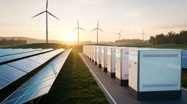 Large scale battery storage facility units aligned beside solar panel fields with wind turbines at sunset representing clean energy transition and smart grid power management technology