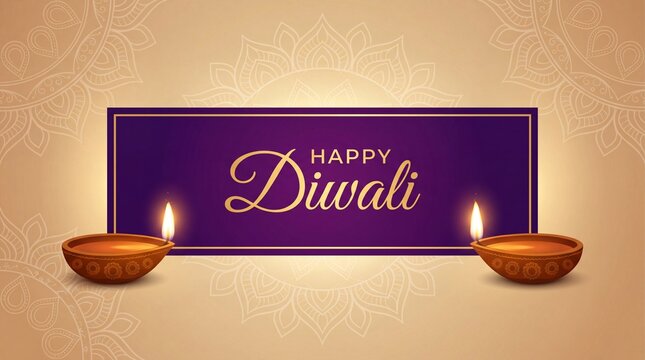 Elegant greeting card design with happy diwali text and glowing oil lamps on a warm textured golden background