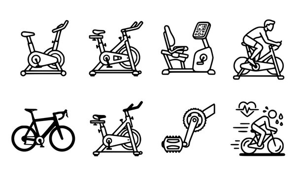 Indoor Cycling Spin Bike Workout and Gym Equipment Vector Icon Collection