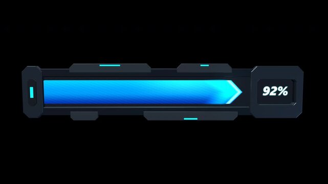 Premium 3D game loading bar featuring an intricate layered metallic housing, brushed-metal microtexture, machined bevels, and a high-gloss luminous cyan energy core. Designed for transparent alpha exp