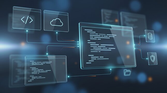 Futuristic software architecture diagram with interconnected glass windows displaying programming code and database security icons in dark blue digital environment for cloud computing