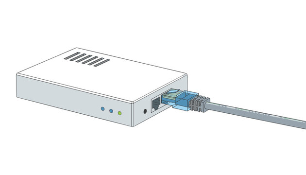 Network switch device connected with a blue ethernet cable on a clean white background setting.