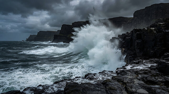 Dramatic ocean waves crashing against dark rocky cliffs during a stormy day